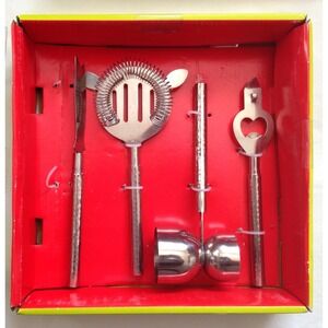 4 Piece Bar Set Hammered Stainless- Strainer, Opener, Peg Measurer, Citrus Knife